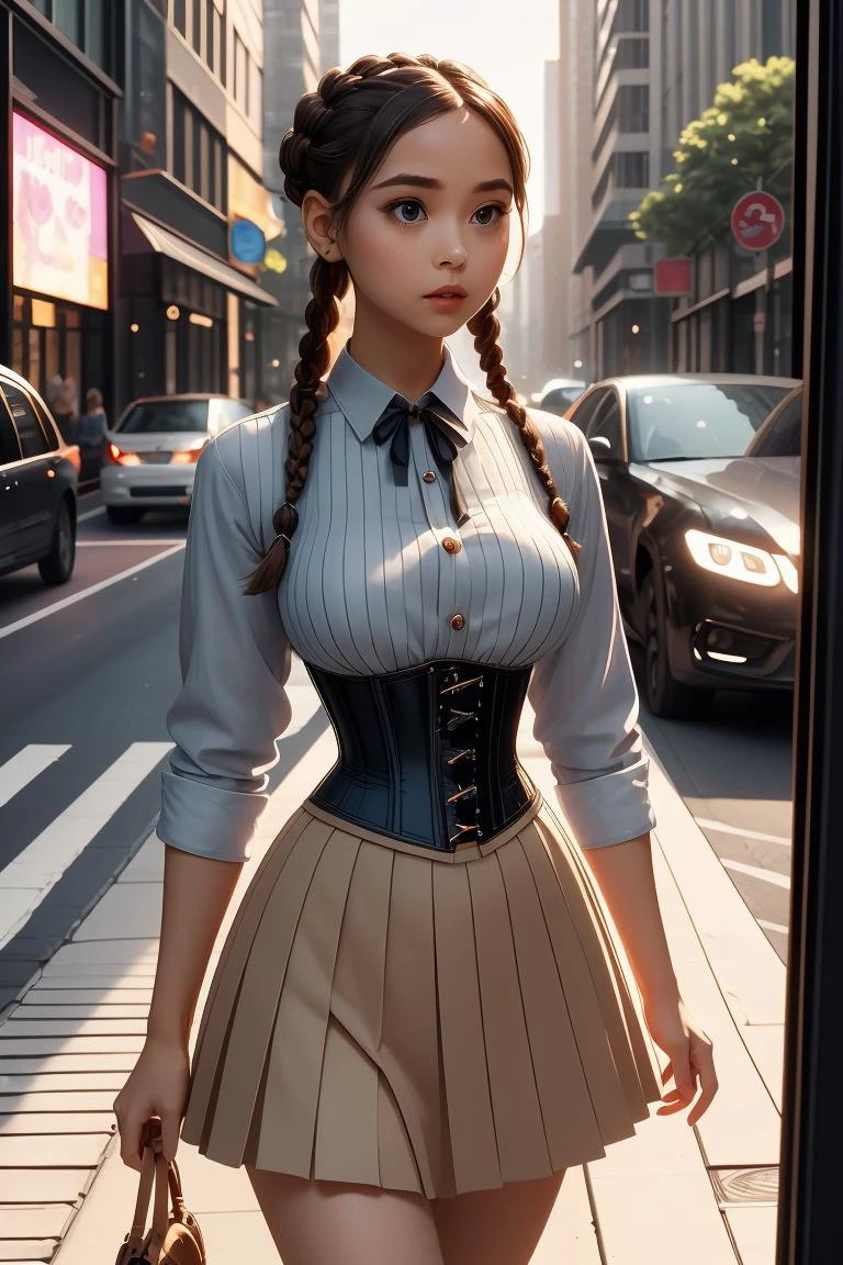 (masterpiece, best quality), 1girl, Papaya Braided Chignon with Hair Stick, medium breasts, <lora:girllikecarglass:0.8> car glass, mirror, corset, pleated shirt, button skirt, sidewalk