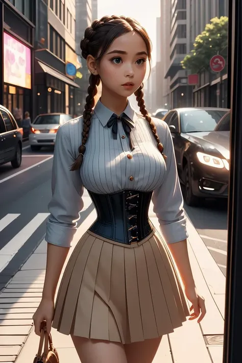 (masterpiece, best quality), 1girl,  Papaya Braided Chignon with Hair Stick, medium breasts,   <lora:girllikecarglass:0.8> car glass, mirror, corset, pleated shirt, button skirt, sidewalk