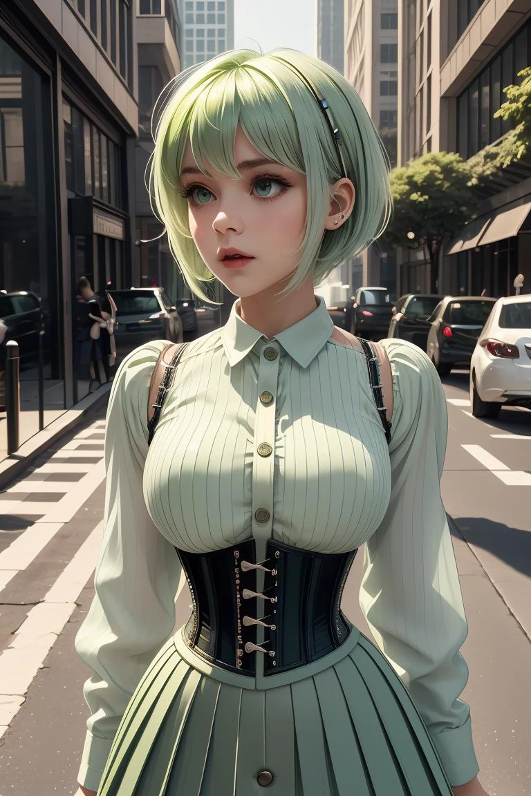 (masterpiece, best quality), 1girl, Pale green High Fade with Spiky Hair, Sizes I to L breasts, <lora:girllikecarglass:0.8> car glass, mirror, corset, pleated shirt, button skirt, sidewalk