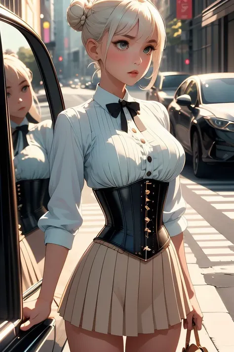 (masterpiece, best quality), 1girl,  Blanched almond Sleek High Bun with Hair Cuff, Size F breasts,   <lora:girllikecarglass:0.8> car glass, mirror, corset, pleated shirt, button skirt, sidewalk