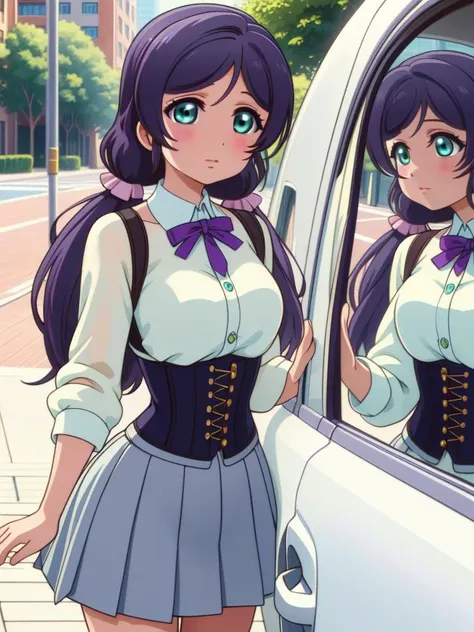 (masterpiece, best quality, detailed:1.5),  <lora:girllikecarglass:0.8> car glass, mirror, corset, pleated shirt, button skirt, sidewalk, (nozomi toujou:1.3) <lora:nozomi-lovelive:1>