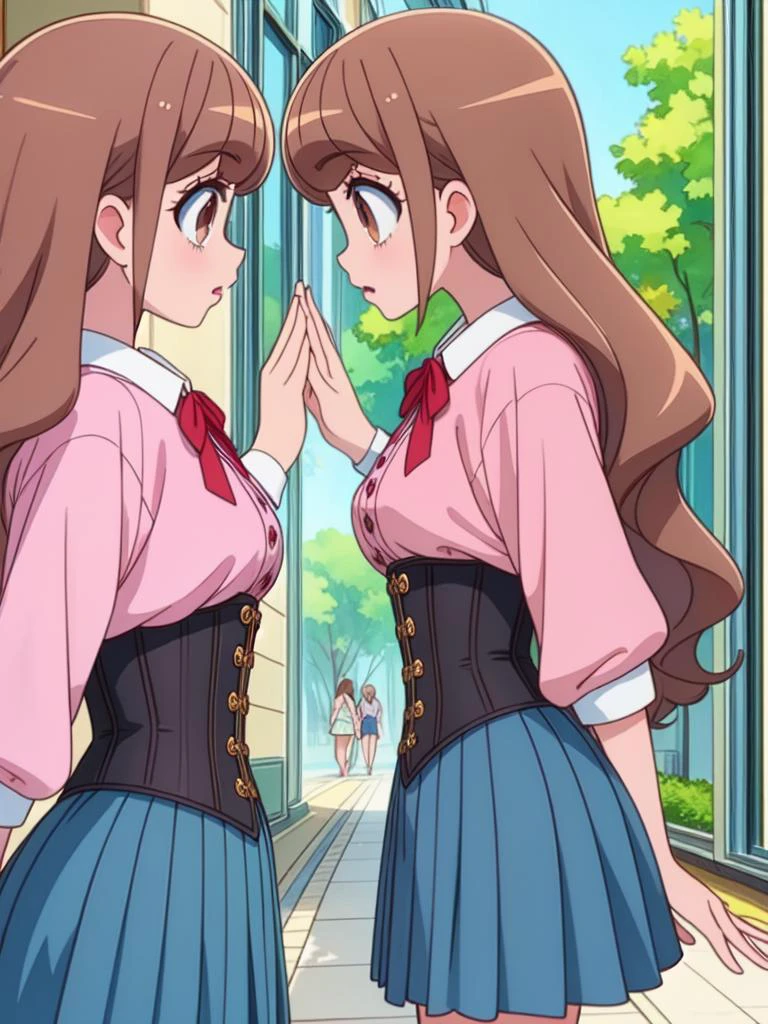 (masterpiece, best quality, detailed:1.5), <lora:girllikeshowcaseglass:0.8> showcase glass, mirror, from side, corset, pleated shirt, button skirt, sidewalk, (hiramitsuhinata:1.3) <lora:HiramitsuHinata:1>