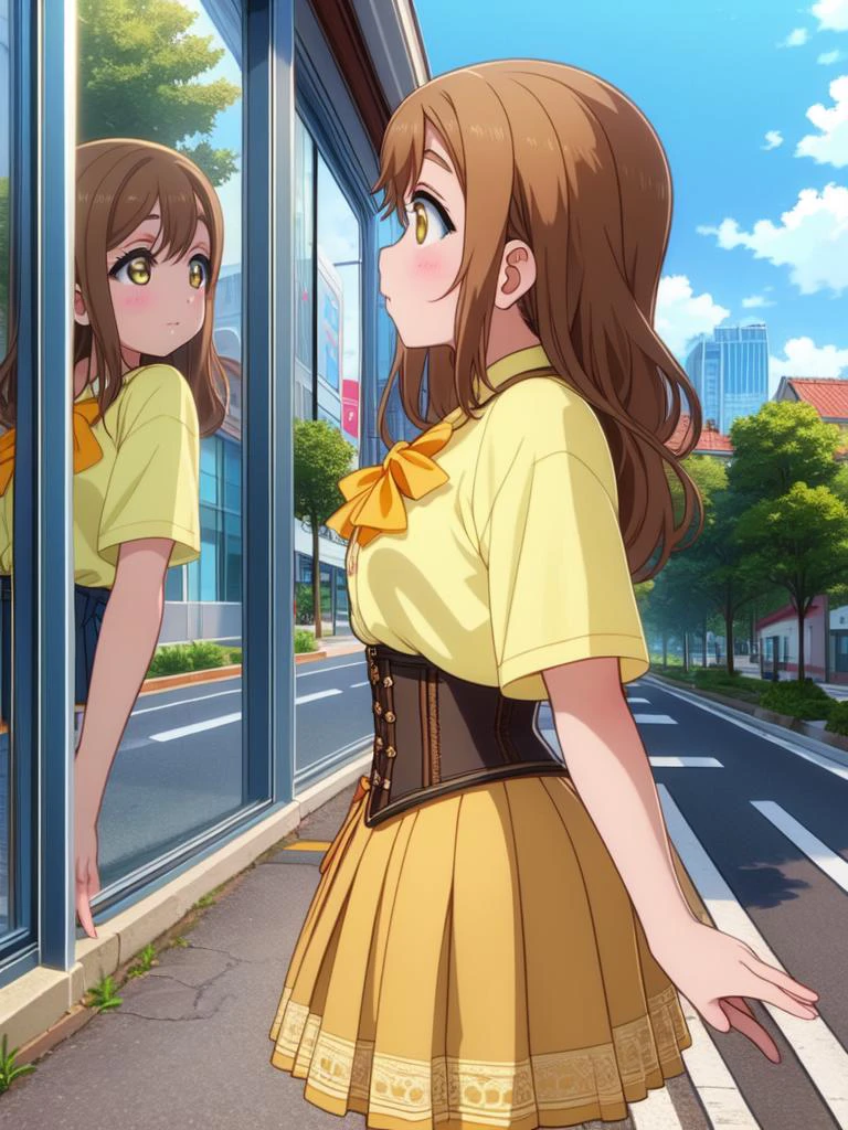 (masterpiece, best quality, detailed:1.5), <lora:girllikeshowcaseglass:1.0> showcase glass, mirror, from side, corset, pleated shirt, button skirt, sidewalk, (hanamaru kunikida:1.3) <lora:hanamaru-lovelive:1>
