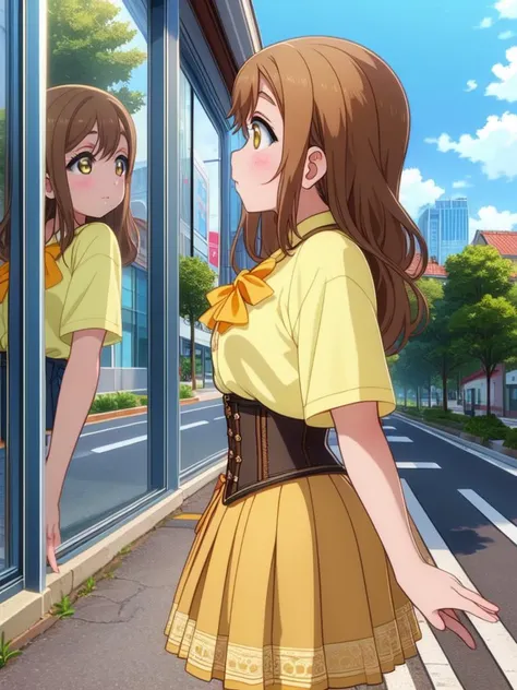 (masterpiece, best quality, detailed:1.5),  <lora:girllikeshowcaseglass:1.0>  showcase glass, mirror, from side, corset, pleated shirt, button skirt, sidewalk, (hanamaru kunikida:1.3) <lora:hanamaru-lovelive:1>