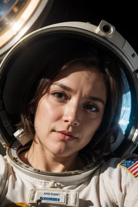 Astronaut and space station and artificial light and close-up.
