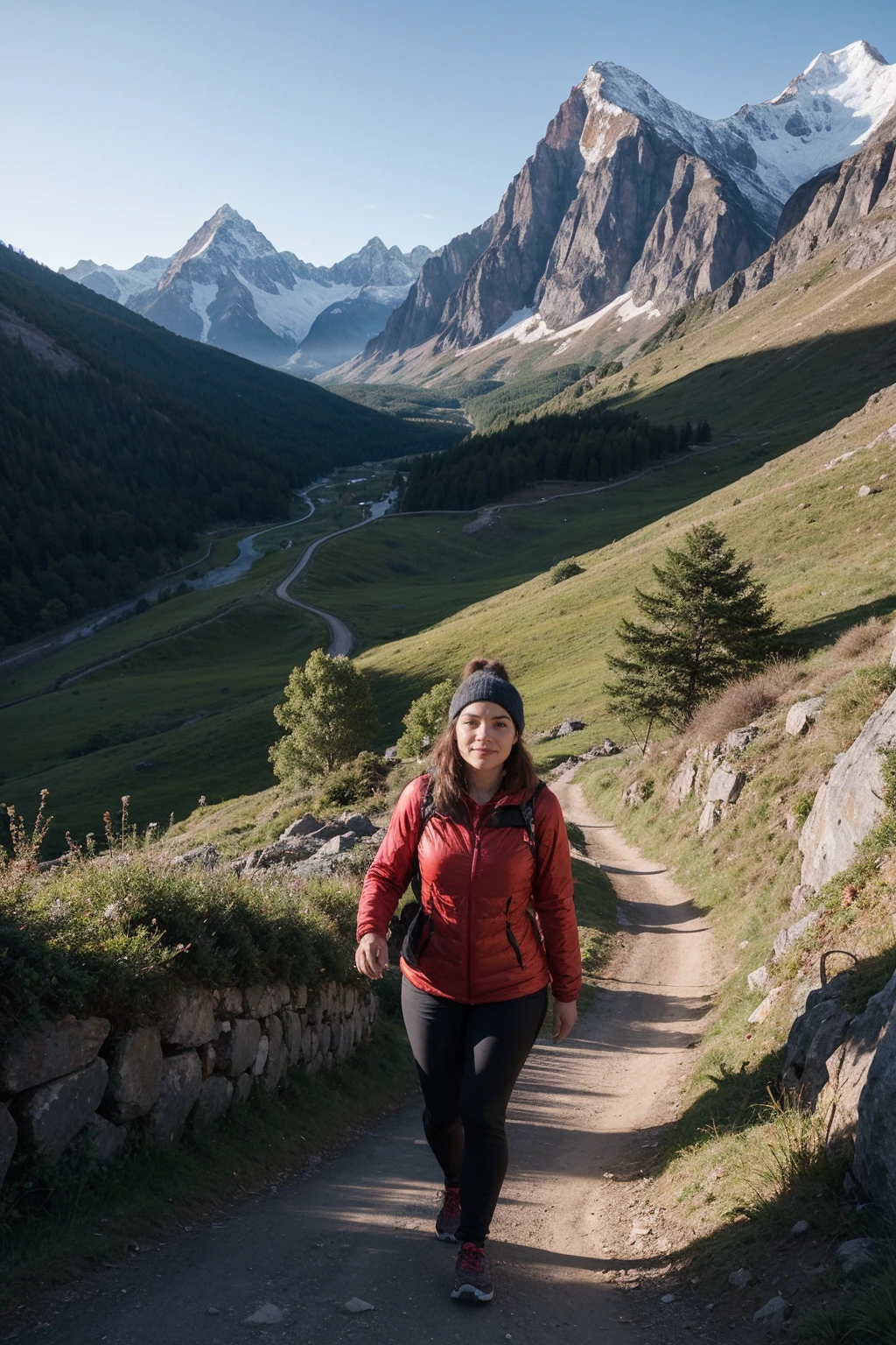 Woman and mountain path and early morning light and wide angle