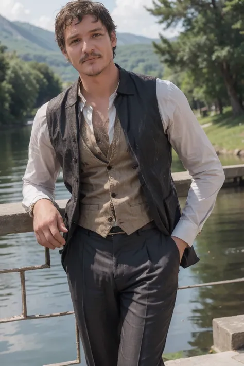 <lora:pedropascal:0.9> pedropascal, a man, Vest and dress shirt with dress pants, tranquil lake