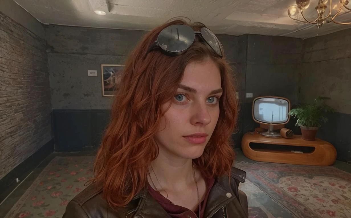1girl, perfect eyes, young woman, red hair, retro biker goggles, leather jacket, ceiling lamp shade, old television, plant pot, blue rug, post-apocalyptic, (bloom:1.2), (absurdres, high quality, best shadow, high detail:1.33), <lora:GoodHands-vanilla:1>