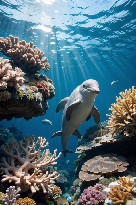 Dolphin and coral reef and underwater light and below angle.