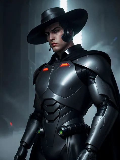 retro-futuristism, Raw photo of a heroic reploid humanoid android faces off against a mechanical horror, cosmic horror painting, elegant intricate digital painting artstation concept art by mark brooks, keiji inafune, and brad kunkle detailed,imposing stature and of strong build,He wears a dark, heavy robe that reaches to his feet and almost touches the ground, background a town surrounded by mist where statues come to life after sundown, The robe is made of coarse black fabric and appears worn and faded. It hangs heavily on him, giving him a somber and mysterious aura.He wears a wide black hat on his head,with an upturned brim.His face is covered by a long, thick beard that is partly gray and partly black. His eyes are deeply sunken and of a cool, piercing intensity, In his right hand, the executioner holds a sharp sword, shiny and flawless, (face:Long Face, Sloped Eyes, [eye color brown], turned up nose-shape, thin lips, prominent cheeks, double chin),, vintage sci-fi, 1950s and 1960s style, atomic age, vibrant, highly detailed, retro futurism<lora:add_detail:1.0>