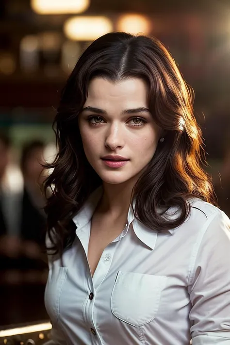 photo of seductive (rw31sz:0.99), a woman as a sexy student, closeup portrait, (elegant buttoned up shirt), at an (80s style) cantina sitting bar, (masterpiece:1.5) (photorealistic:1.1) (bokeh) (best quality) (detailed skin texture pores hairs:1.1) (intricate) (8k) (HDR) (wallpaper) (cinematic lighting) (sharp focus), eyeliner, painted lips, (vivid atmosphere)