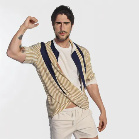 1boy, male, t-shirt, face focus, <lora:Marcos Mion:1>, face details, Men's Yellow Vertical Striped Cotton Blazer, White Crew-neck T-shirt, Beige Shorts, White Canvas Low Top Sneakers