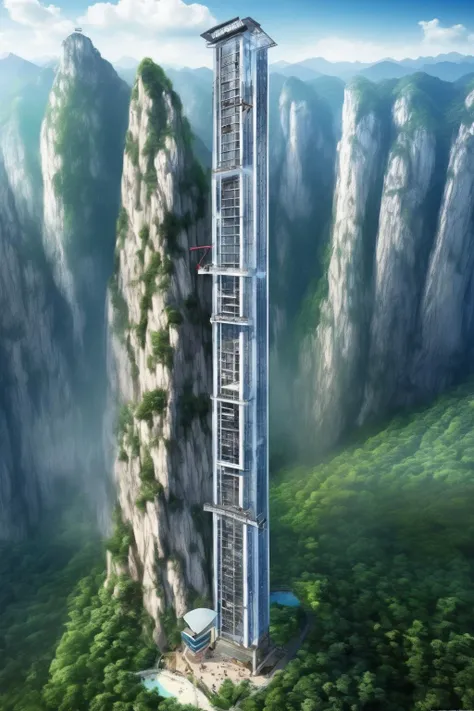 <lora:Vertical Landscapes:1>Vertical Landscapes - From a semi-aerial perspective, there is a 100-meter high outdoor vertical sightseeing elevator on the mountain across.