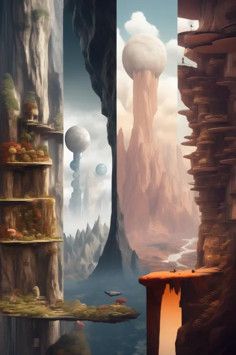 <lora:Vertical Landscapes:1>Vertical Landscapes - A vertical universe where each level has its own unique landscape and atmosphere
