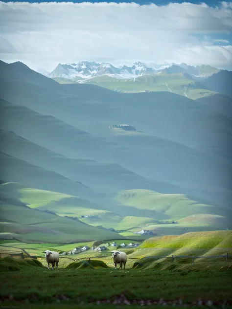 <lora:lora_VerticalLandscapes:1>a sheep standing in a field with mountains in the background