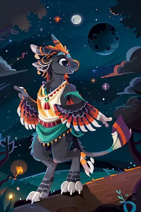 <lora:kurzgesagtArtstyle_v1YiffyE18:1>, <lora:avaliLora_avaliv1Medium:1.1>, a magnificent nightscape featuring a single avali. avali, avian, kurzgesagt, vector art, feathers, tail feathers, multi ear, four ears, wing arms, night sky, stars, moon, starry night, leonid afremov colors, zootopia eyes, anthro