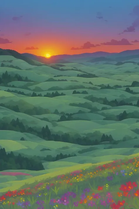 <lora:S1-Kurzgesagt_Dreamlike-000008:1> hills, landscape, fields, grasslands, tiny forest on background, sunset, flowers on foreground, flowers on hills