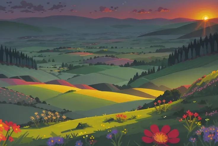 <lora:S1-Kurzgesagt_Dreamlike-000008:1> hills, landscape, fields, grasslands, tiny forest on background, sunset, flowers on foreground, flowers on hills