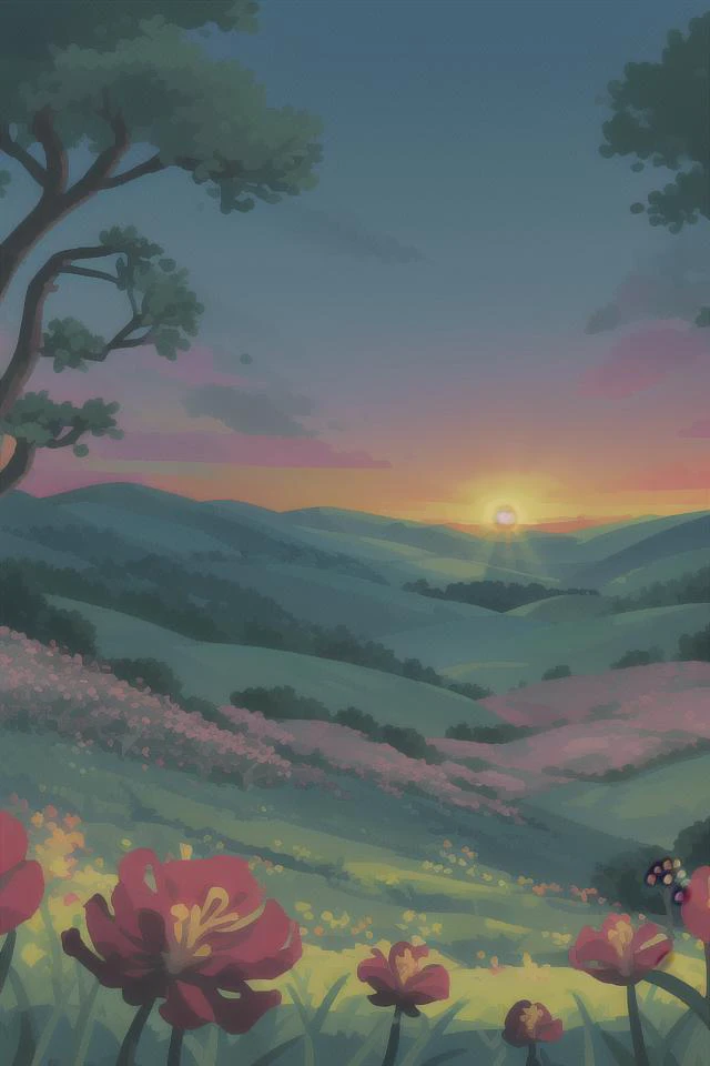 <lora:S1-Kurzgesagt_Dreamlike-000008:1> hills, landscape, fields, grasslands, tiny forest on background, sunset, flowers on foreground, flowers on hills