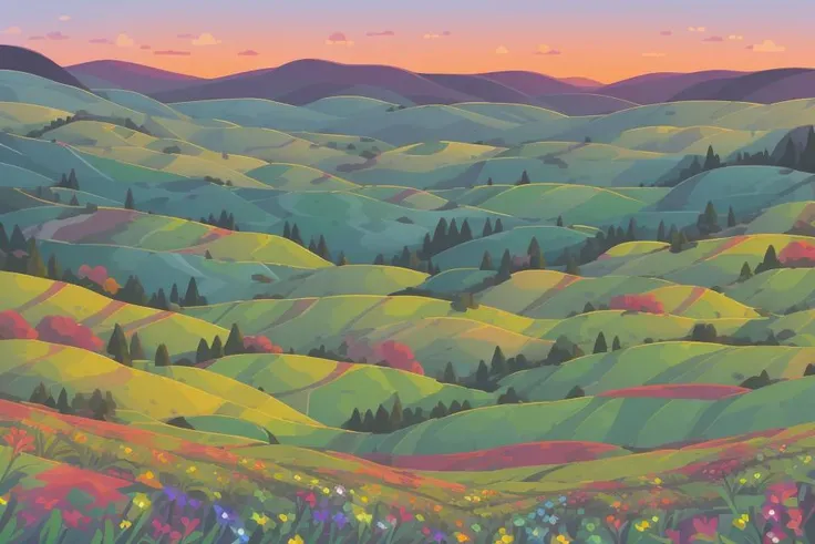<lora:S1-Kurzgesagt_Dreamlike-000008:1> hills, landscape, fields, grasslands, tiny forest on background, sunset, flowers on foreground, flowers on hills
