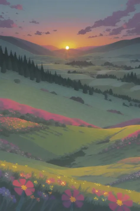<lora:S1-Kurzgesagt_Dreamlike-000008:1> hills, landscape, fields, grasslands, tiny forest on background, sunset, flowers on foreground, flowers on hills