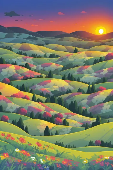 <lora:S1-Kurzgesagt_Dreamlike-000008:1> hills, landscape, fields, grasslands, tiny forest on background, sunset, flowers on foreground, flowers on hills