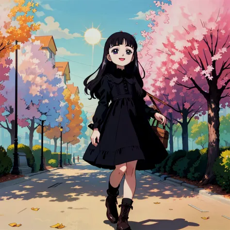 (RAW picture), 1girl, daidouji_tomoyo with black eyes, wearing (black laced dress), happy, at the parc, full body, soft smile, spring
BREAK
very detailed, full of detail, blue sky, sun, cinematic lighting, tree, nature, wind