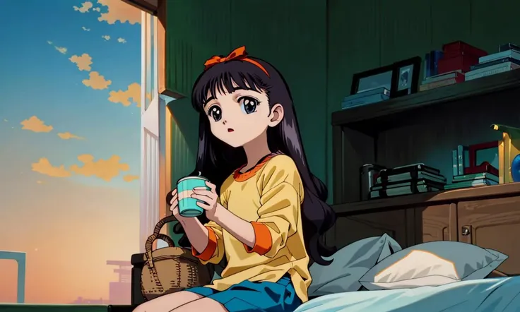 masterpiece, 1girl, (daidouji_tomoyo) with black eyes, wearing (casual clothes), drinking a cup of tea, bedroom, sitting
BREAK
very detailed, full of detail, blue sky, sun, cinematic lighting, sand, wind, sunset, orange lighting