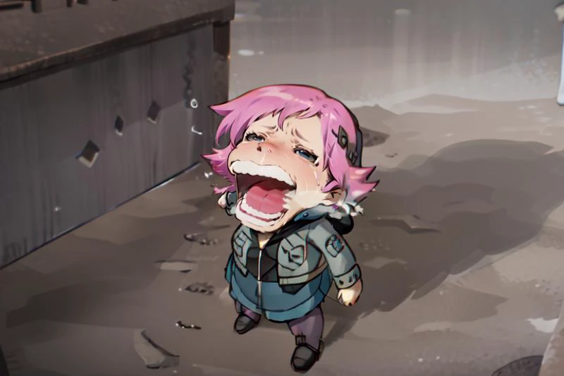 <lora:Ramona_Flowers:0.8>, Ramona_Flowers,1girl, solo, short hair, black eyes,small breasts,
hoodie,white shirt, grey jacket, long sleeves, belt, denim skirt, purple pantyhose,
<lyco:Chopper-08:0.7> Choppermeme, 1girl, solo, simple background, chibi, looking up, black background, open mouth, crying,