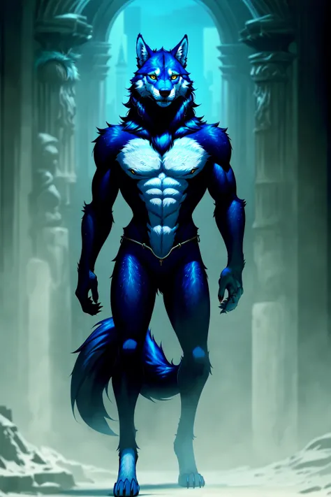 <lora:Werewolves:0.8> Were-Wolves, solo, yellow eyes, no humans, realistic, furry, anthro, wolf-like, emaciated, skinny, Remus Lupin, blue fur