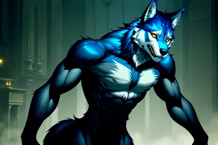 <lora:Werewolves:0.8> Were-Wolves, solo, yellow eyes, no humans, realistic, furry, anthro, wolf-like, skinny, Remus Lupin, blue fur