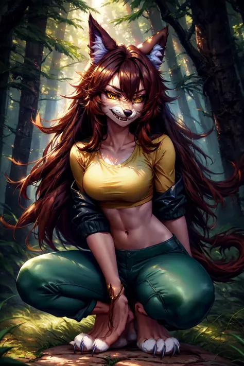 Were-Wolves, Wolf girl, werewolf, werewolf girl, solo, furry female, body fur, medium breasts, fangs, long hair, yellow eyes, claws, fangs, wolf ears, brown hair, wolf tail, animal ears, anthro, animal feet, wolf, tail, pants, jacket, jewelry, crop top, furry, dark skin, dark-skinned female, tree, nature, forest, yellow shirt, sitting, squatting, outdoors, <lora:Werewolves:0.9>