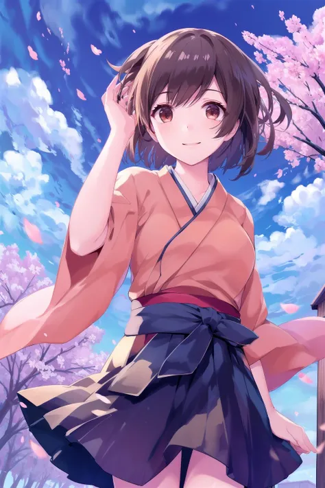 masterpiece, (best quality:1.4), best illustration, best shadow, (beautiful detailed:1.4), finely detailed, (dramatic light:0.9), HDR, ray-tracing, intricate details, cherry blossoms, sakura tree, (floating sakura), blue sky, white cloud, 1girl, solo, BREAK, (hiryuuchan:1.22), cowboy shot, smile, short hair, (one side up), medium breasts, (wind:1.33), hakama short skirt, hakama skirt, miniskirt, (orange) kimono, hand on own head, perspective, brown hair, brown eyes, looking at viewer, <lora:hiryuu_nai_11-24:0.9:0.9:lbw=OUTD> <lora:Amaduyu Tatsuki:0> <lora:tenmu:0.6>