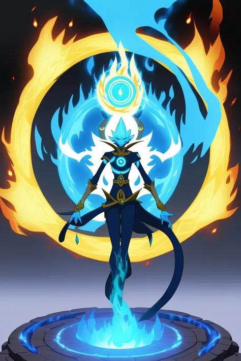 elemental, 1 gir, Fire effect, water effect, Infinite wisdom, blue flame, Warlock, Magical Circle, high detailed, anime, 2d, masterpiece
