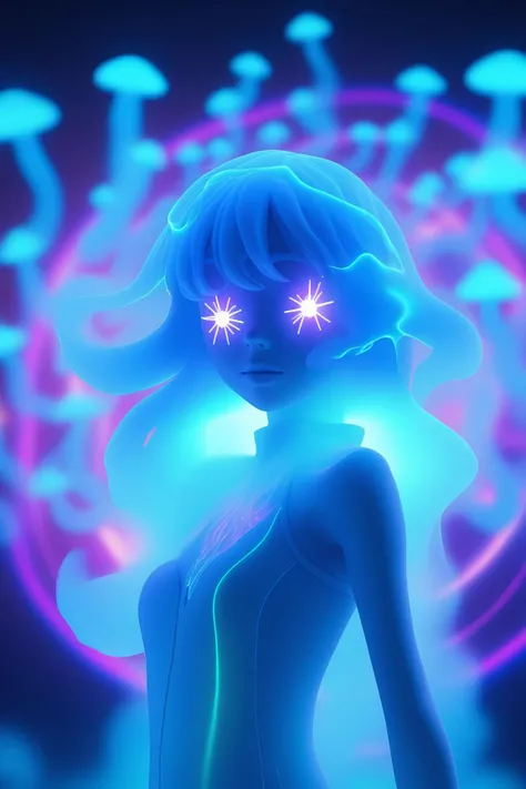 holographic, smokey, Phantasmal iridescent, girl , inner glow, light particle, Blue hair bioluminescens, holographic, made of pure light, monochrome teal, a glowing spectral girl, ghostly, glowing shapes, blue glow, light trails, ethereal, glowing smoke, centered, glowing particles, sparkles, fx, translucent, simple shapes, undetailed, , phantasmal, smoke, mist, aurora borealis background, anime style, defense pose, doped, hallucinogenic effects, flaming colors and neons, motion effects, 3D, 4K, masterpiece, UHD, ((cinematic)), ((perfect face)), ((effects of hallucinogenic mushrooms)), , ghost, cute, kawaii, fantchar, midjourney, Circle, elemental