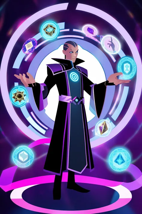Sinister 35yo futuristic mage wearing fascistic uniform, outstretched hand surrounded by translucent hologram ribbons, cards, surrounded by cards, , Circle, elemental