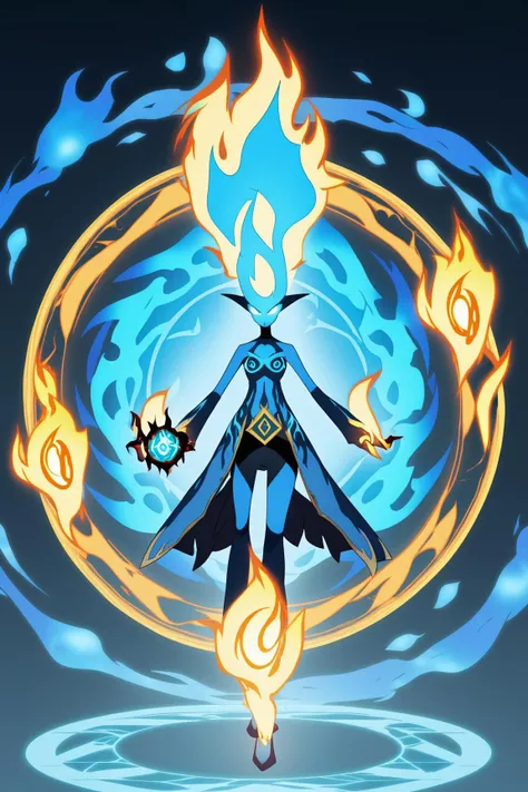 elemental, 1 gir, Fire effect, water effect, Infinite wisdom, blue flame, Warlock, Magical Circle, high detailed, anime, 2d, masterpiece
