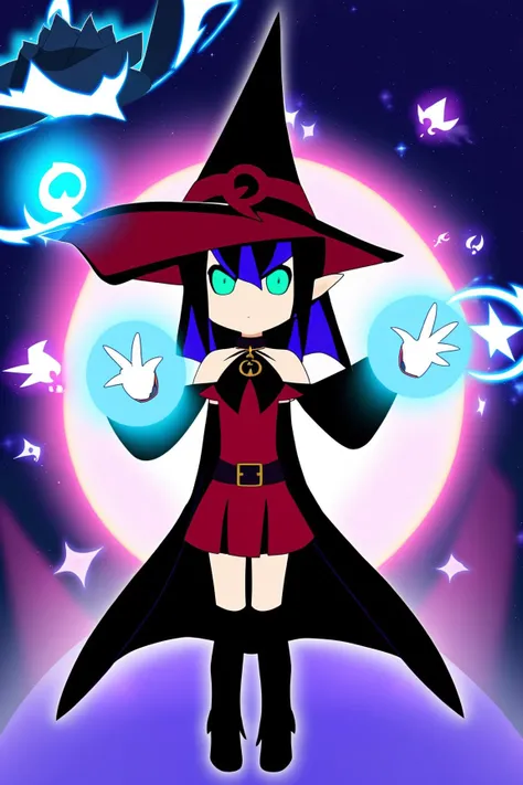 maou1, school uniform, serafuku, blue skirt, pleated skirt, red neckerchief, long sleeves, pointy ears, demon horns, purple eyes, aqua hair, long hair, chibi, (bare shoulders, black cape, black gloves, blush, cape, choker, collarbone, dress, fingerless gloves, gloves, hat, long sleeves), looking at viewer, off-shoulder dress, off shoulder, (red dress, witch hat), ((masterpiece)), backgound, Around the magic , magic surrounds , magic rod, Infinite wisdom, blue flame, Warlock, Magical Circle, (megumin:0.4), elemental