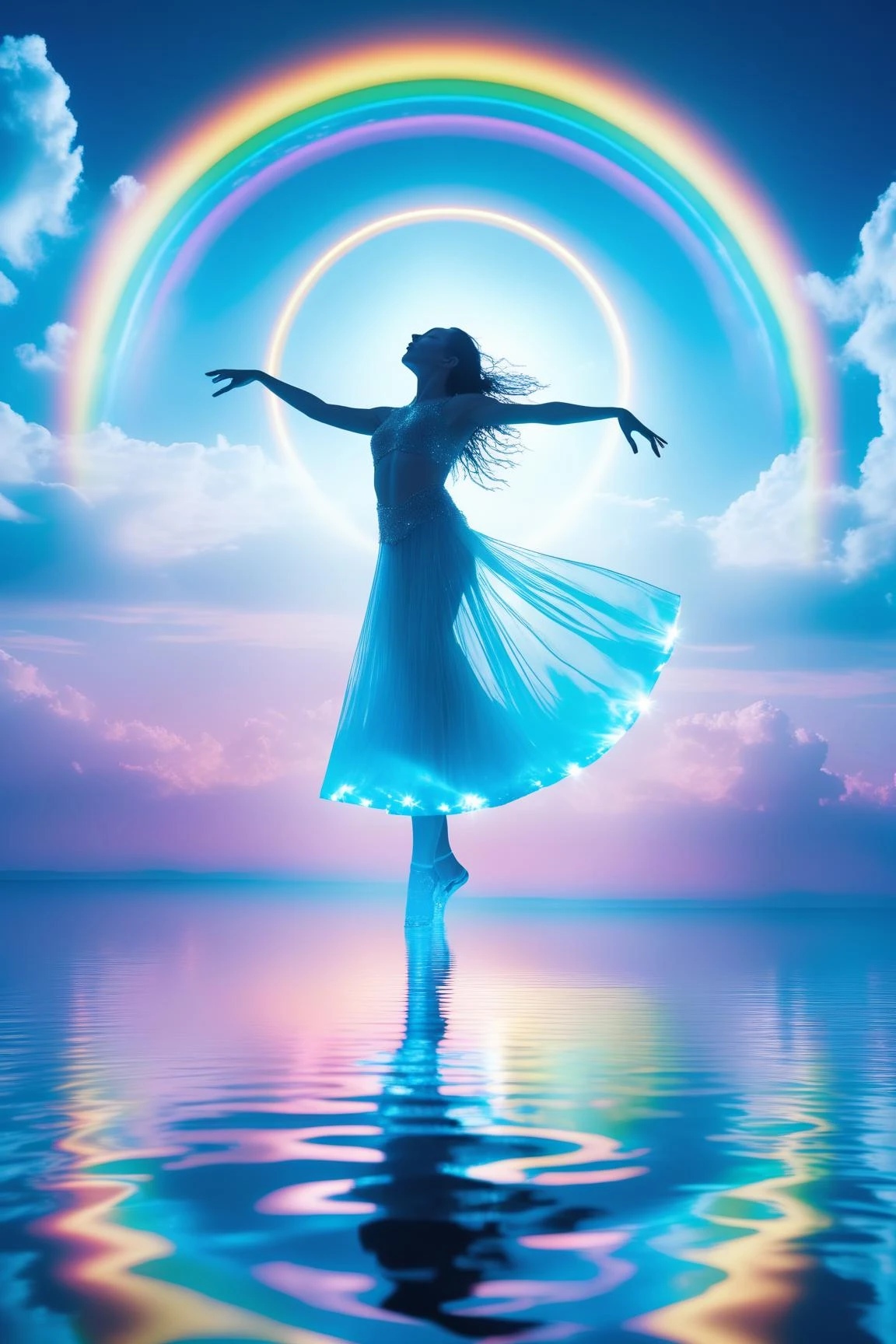 masterpiece, best quality, a woman dancing on water, dancing on water, beautiful scenery, gleam, bioluminescence, ray tracing, cloud, sky, water, rainbow, (finely detailed), (fujifilm), (35mm), (full body), (cinemtaitc, heavy contrast), Circle, magical circle, elemental