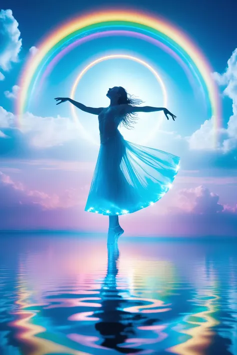 masterpiece,  best quality,  a woman dancing on water,  dancing on water,  beautiful scenery,  gleam,  bioluminescence,  ray tracing,  cloud,  sky,  water,  rainbow,  (finely detailed),  (fujifilm),  (35mm),  (full body),  (cinemtaitc,  heavy contrast),  Circle, magical circle,  elemental