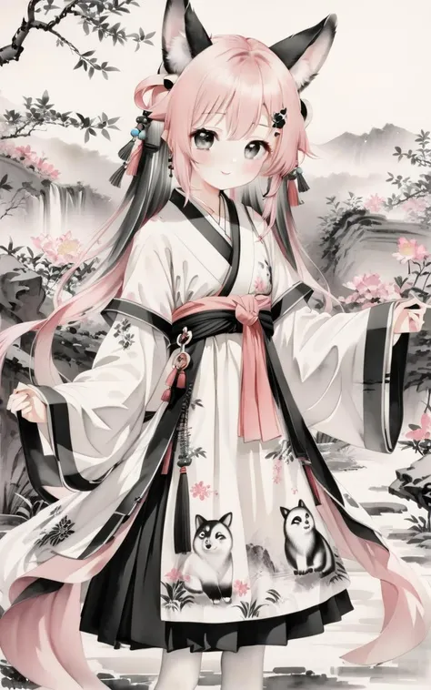 traditional chinese ink painting,black and white ink painting,<lora:GuFengXLLora:0.5>,
1girl, pink hair, solo, animal ears, ahoge, skirt, pantyhose, looking at viewer, japanese clothes, hair ornament, white pantyhose, animal ear fluff, scarf, blush, detached sleeves, bangs, wide sleeves, ribbon-trimmed sleeves, hakama, long hair, frills, smile, frilled skirt, miko,