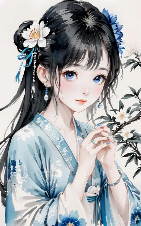 traditional chinese ink painting,black and white ink painting,<lora:GuFengXLLora:0.5>,
1girl, solo, blue eyes, hair ornament, looking at viewer, frills, flower, long hair, bangs, white flower, upper body, hand on own face, hairclip, ring, white hair, hair between eyes, short sleeves, bow, wrist cuffs, blush, dress, white background, hand up, parted lips, hair flower, ribbon, blue nails, hand on own cheek, puffy sleeves, nail polish, jewelry, white theme, simple background, white dress