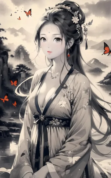 traditional chinese ink painting,black and white ink painting,<lora:GuFengXLLora:0.5>,
best quality,Amazing,Beautiful golden eyes,finely detail,Depth of field,extremely detailed CG unity 8k wallpaper, masterpiece,(((Long dark blond hair))),((red mediumhair)),(1 girl),(white stockings ),(((((medium_breasts,))))),(hair ribbon),Exposing cleavage,((Beautiful butterflies in detail)),(((halter dress ))),huge ahoge,particle,(((solo))),(Background of details),standing,(Starry sky in beautiful detail),(((gloom (expression) depressed))),(Hazy fog),(((Very long hair))),{Fluttering hair},{Thick hair},{{{Gelatinous texture}}},{profile},(Ruins of beautiful details),(((Standing on the surface of the sea))),{Close-up of people},{{{Smooth skin}}},(((upper body))),(Smooth and radiant skin),(Smooth and radiant face),Perfect details,Beautifully gorgeous necklace,Authentic skin texture,{Cleavage},{{{Authentic and detailed face}}},(unexposed :1.5)