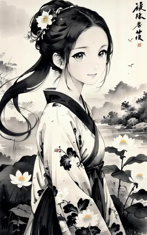 traditional chinese ink painting,black and white ink painting,<lora:GuFengXLLora:0.5>,
1girl, nahida (genshin impact), solo, outdoors, dress, smile, flower, green eyes, symbol-shaped pupils, side ponytail,