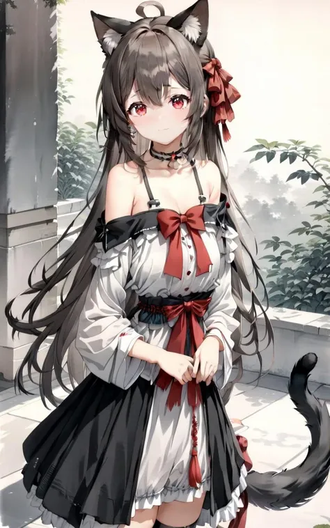 traditional chinese ink painting,black and white ink painting,<lora:GuFengXLLora:0.5>,
1girl, animal ears, solo, tail, brown hair, breasts, red eyes, dress, cat tail, cat ears, thighhighs, white background, long hair, smile, collar, simple background, cat girl, bare shoulders, strapless, hair ornament, black thighhighs, frilled dress, very long hair, frills, black dress, animal ear fluff, strapless dress, looking at viewer, closed mouth, bow, cleavage, small breasts, red bow, blush, leaning forward, bangs, collarbone, bare arms, hair between eyes, bowtie, red bowtie, zettai ryouiki, hairclip