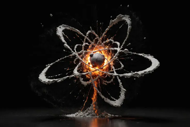 explosive moment of atomic division, convey the raw power and energy, atom fractures, cascade of particles, mesmerizing dance of matter breaking apart, revealing the fundamental forces that shape our universe, black background,  <lora:add-detail-xl:0.8>