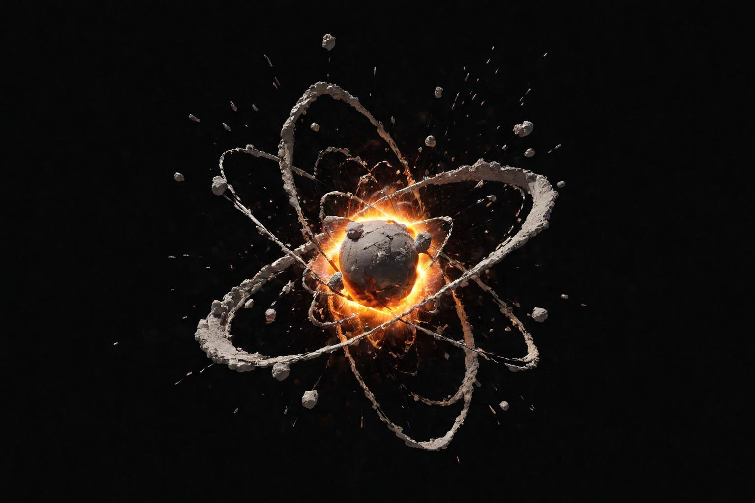explosive moment of atomic division, convey the raw power and energy, atom fractures, cascade of particles, mesmerizing dance of matter breaking apart, revealing the fundamental forces that shape our universe, black background, <lora:add-detail-xl:0.8>