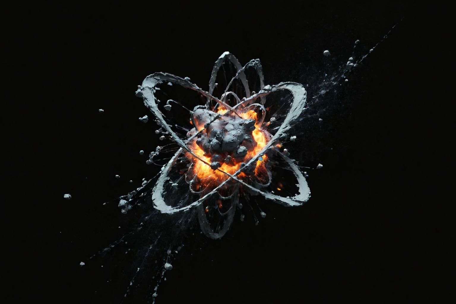explosive moment of atomic division, convey the raw power and energy, atom fractures, cascade of particles, mesmerizing dance of matter breaking apart, revealing the fundamental forces that shape our universe, black background, <lora:add-detail-xl:0.8>