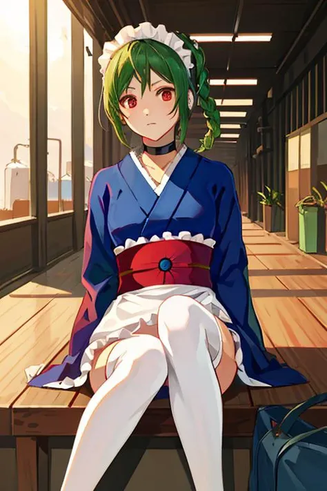 masterpiece, best quality, solo, (detailed eyes:0.9), (detailed lighting, depth of field:0.9), maid, blue kimono, choker, red eyes, expressionless, Japanese clothes, thighhighs, arms behind back, nuclear powerplant, perspective, evening, feet out of frame, <lora:Tama_V2:0.6>