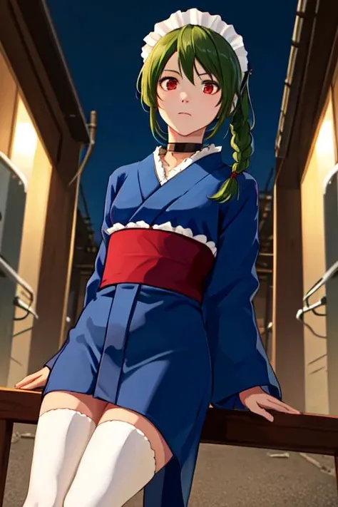 masterpiece, best quality, solo, (detailed eyes:0.9), (detailed lighting, depth of field:0.9), maid, blue kimono, choker, red eyes, symbol-shaped_pupils
sitting,
airfield,
dutch angle,
evening,
head out of frame,
grimace,
<lora:Tama_V2:0.6>